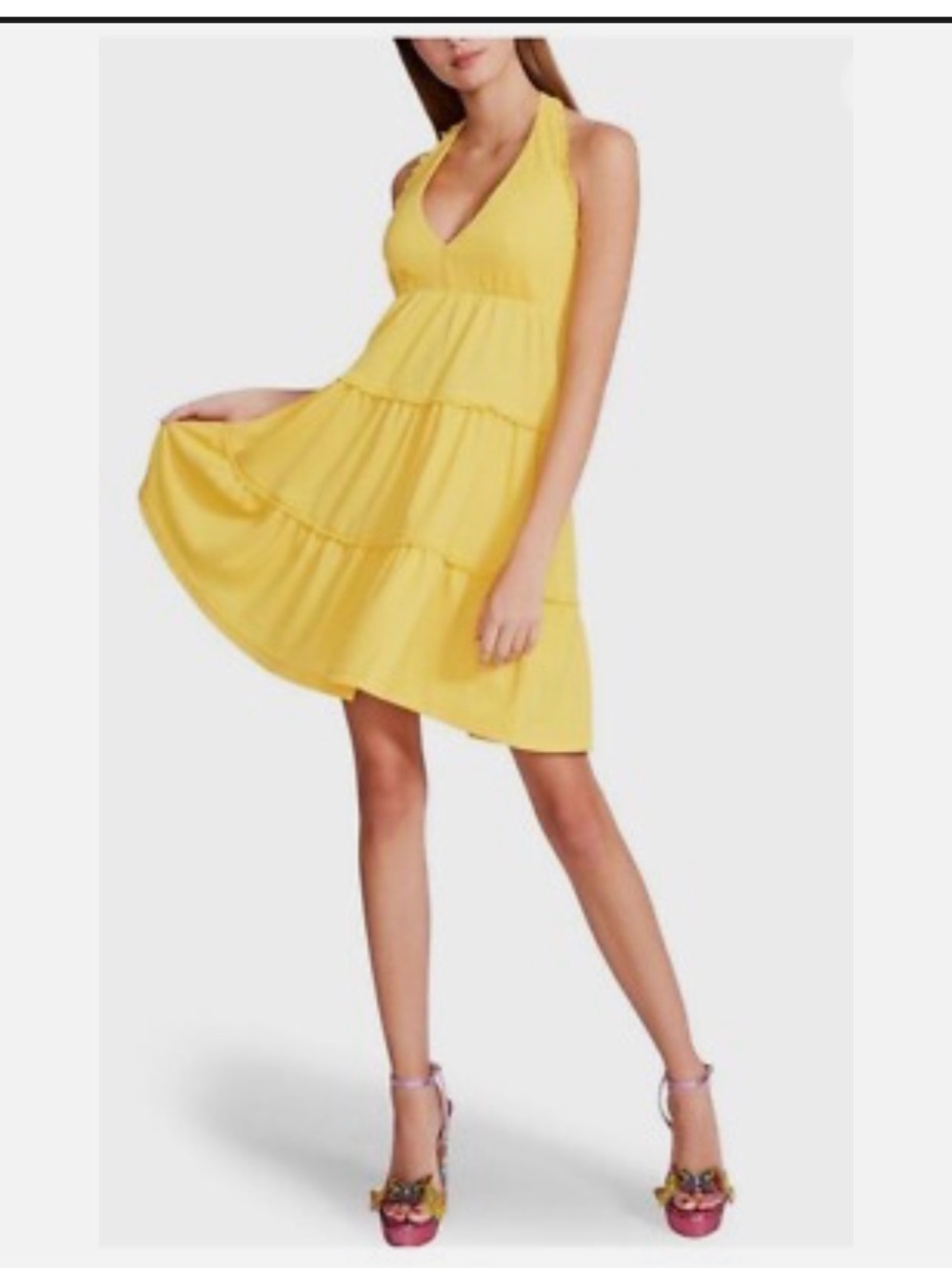 Betsey Johnson Yellow Tiered Halter crinkle knit dress color solar power